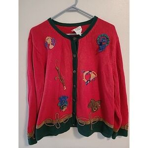 Vtg Susan Bristol Red Sweater Cardigan Womens XL Horse Equestrian Saddle Holiday